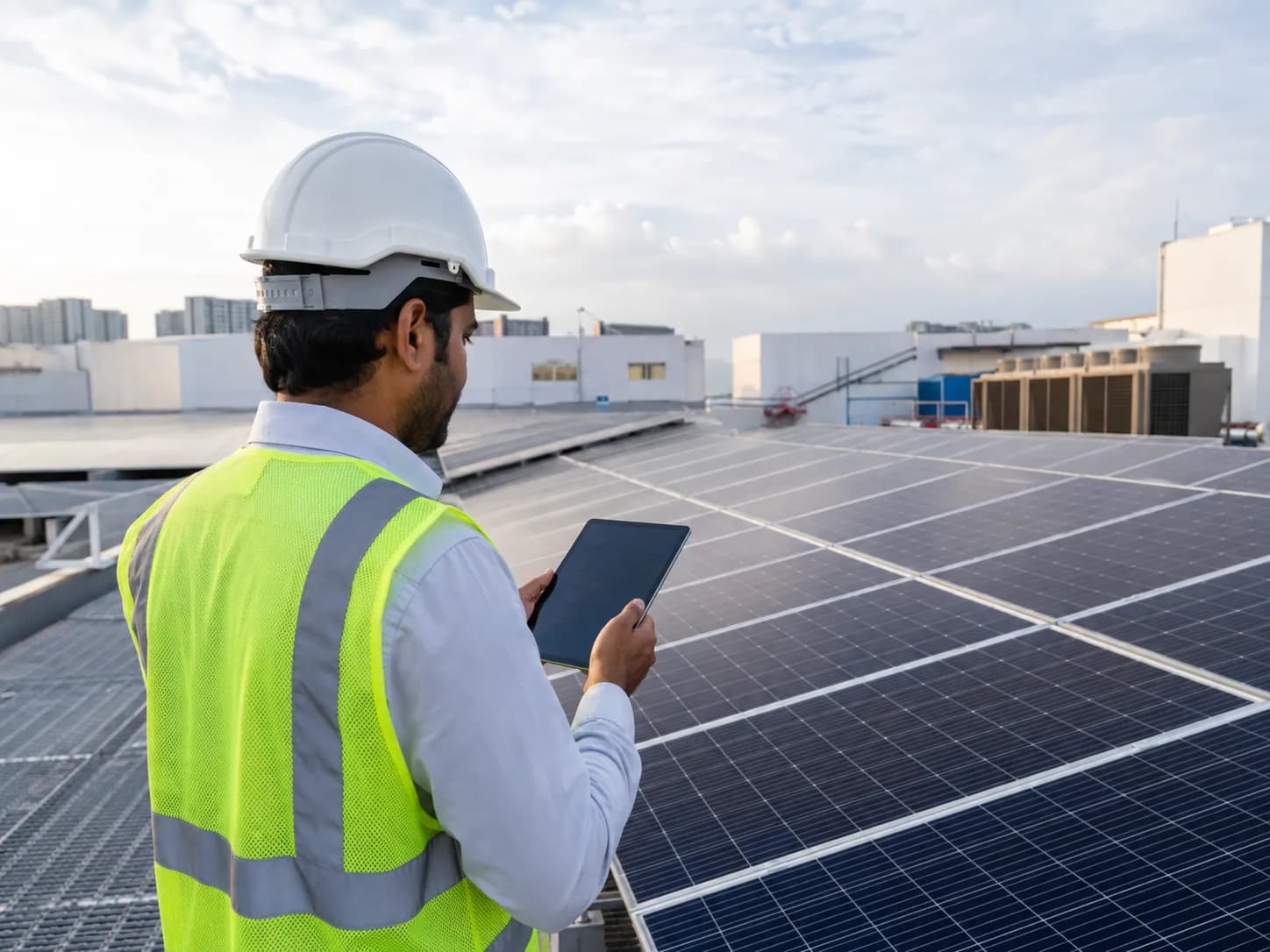 Solar engineer inspecting an installation