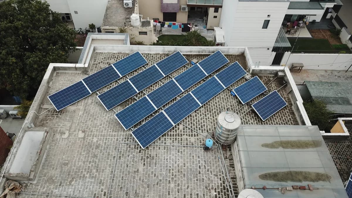 Aerial view of a real residential rooftop solar installation